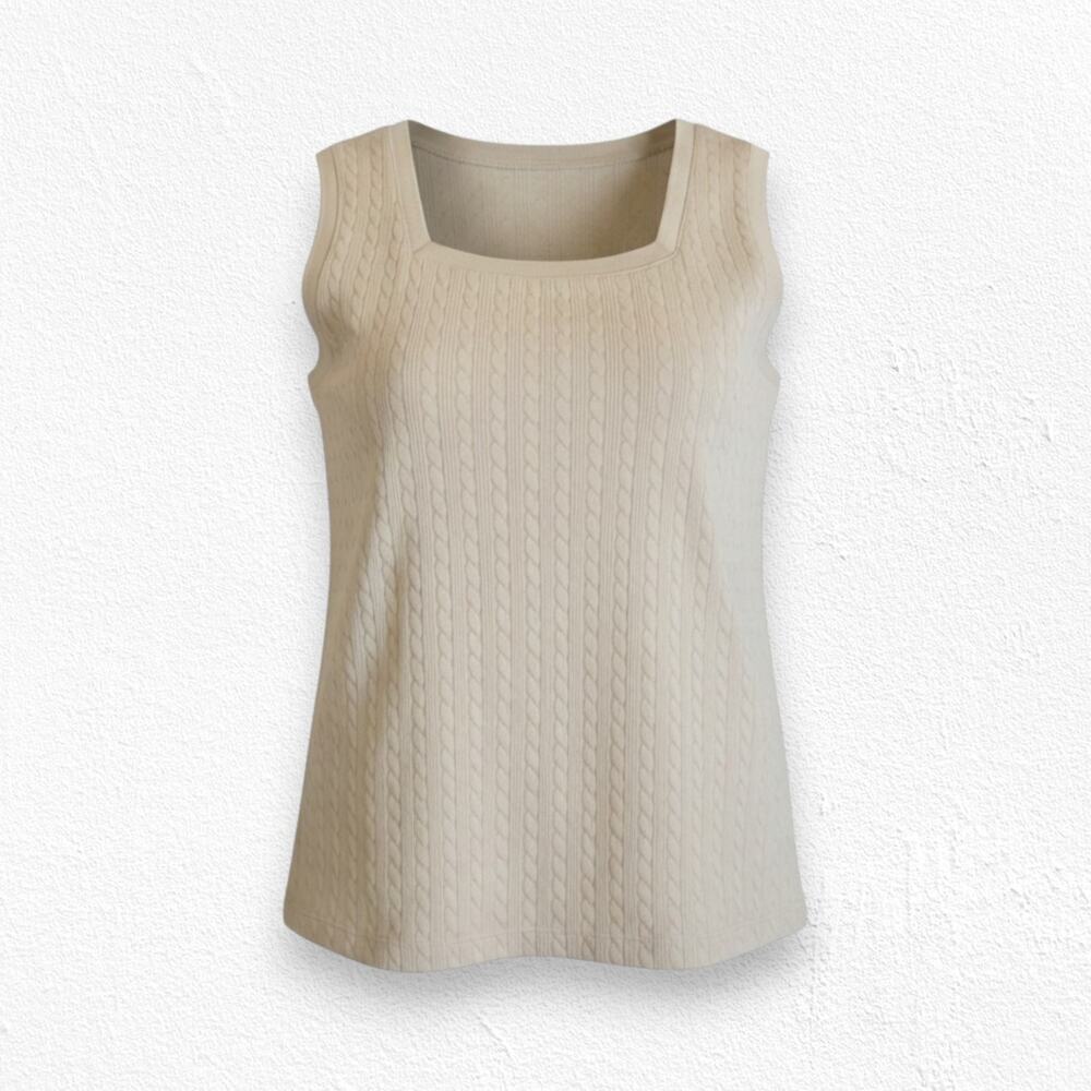 1990s Vintage Beige Cable Knit Sleeveless Top Square Neck Sweater Vest Size XL